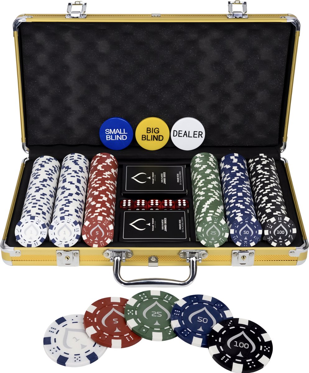 Texas Finest Golden   300 Chips – Pokerkoffer Volwassenen – Inclusief Kaarten - Poker